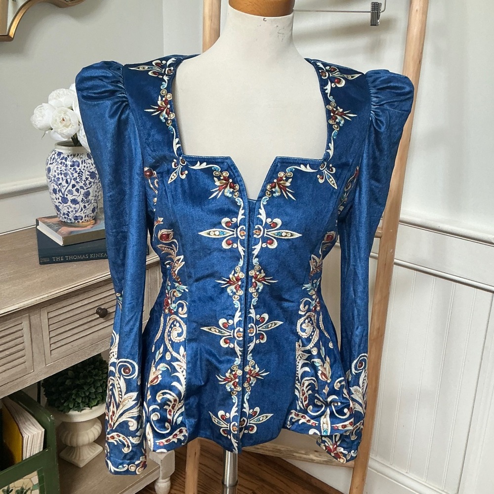 Vintage Style Blue Velvet Embroidered Puff Sleeve Peplum Top Hook & Eye Medium